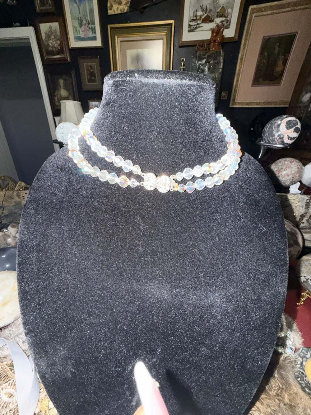 Vintage Double Strand Crystal Faceted Bead Choker Rhinestone Clasp